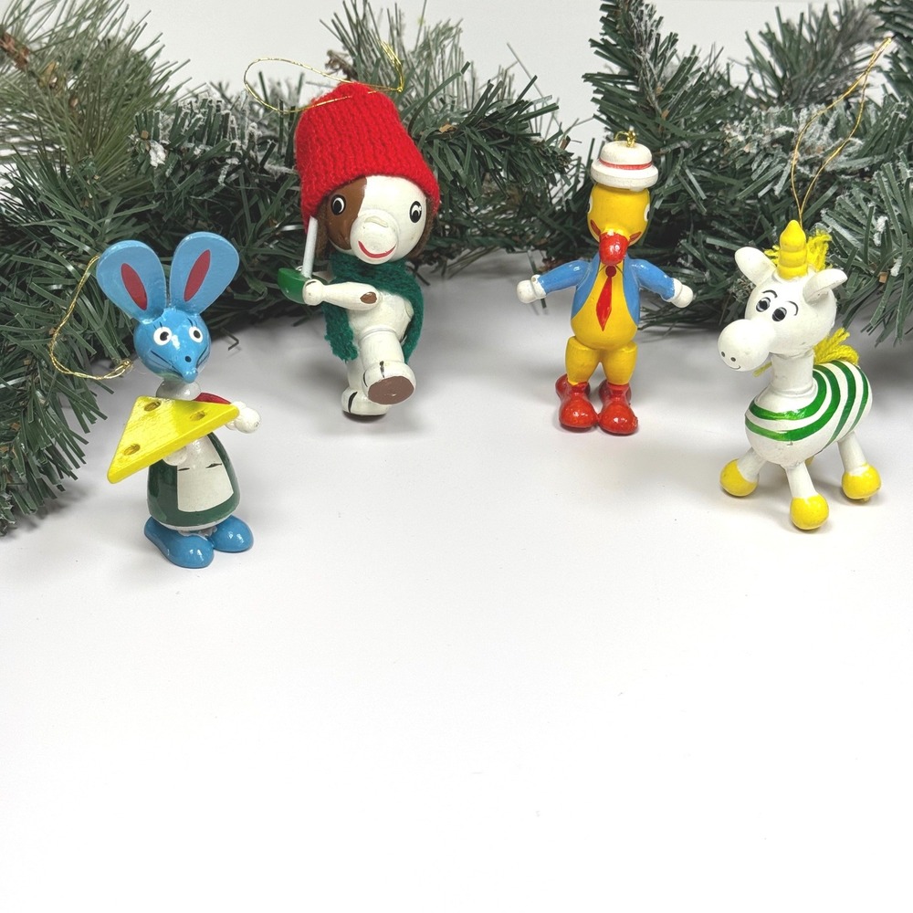 Vintage Wooden Animal Christmas Ornaments Hand Painted Set of 4 Kitschy